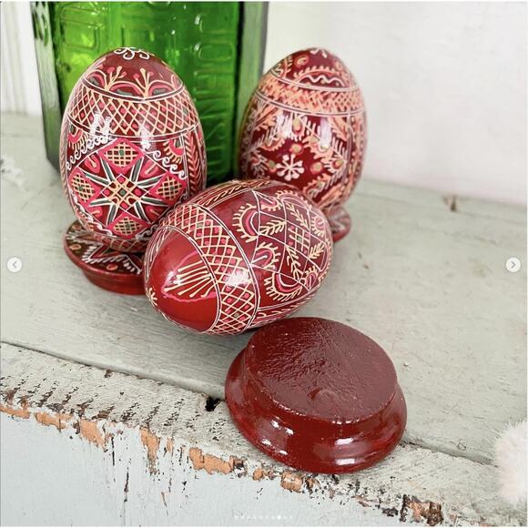 Vintage Hand-Painted Wood Resin Easter Egg Plus Base Pysanky Brown Orange SET 3 - Picture 8 of 10
